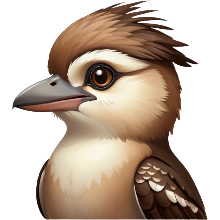 Cinematic Cute Kookaburra Portrait Emoji, Head tilted playfully and inquisitively, featuring a glossy brown plumage with subtle cream accents and a perky, expressive beak, round, sparkling eyes filled with curious mirth, Simplified yet irresistibly adorable features, highly detailed, glowing with a warm, friendly glow, high shine, affectionate and spirited, stylized with a touch of bushland whimsy, bright and endearing, soft glowing outline, capturing the essence of a mischievous yet loving kookaburra, so playful it feels like it could chuckle out of the screen into your arms! emoji