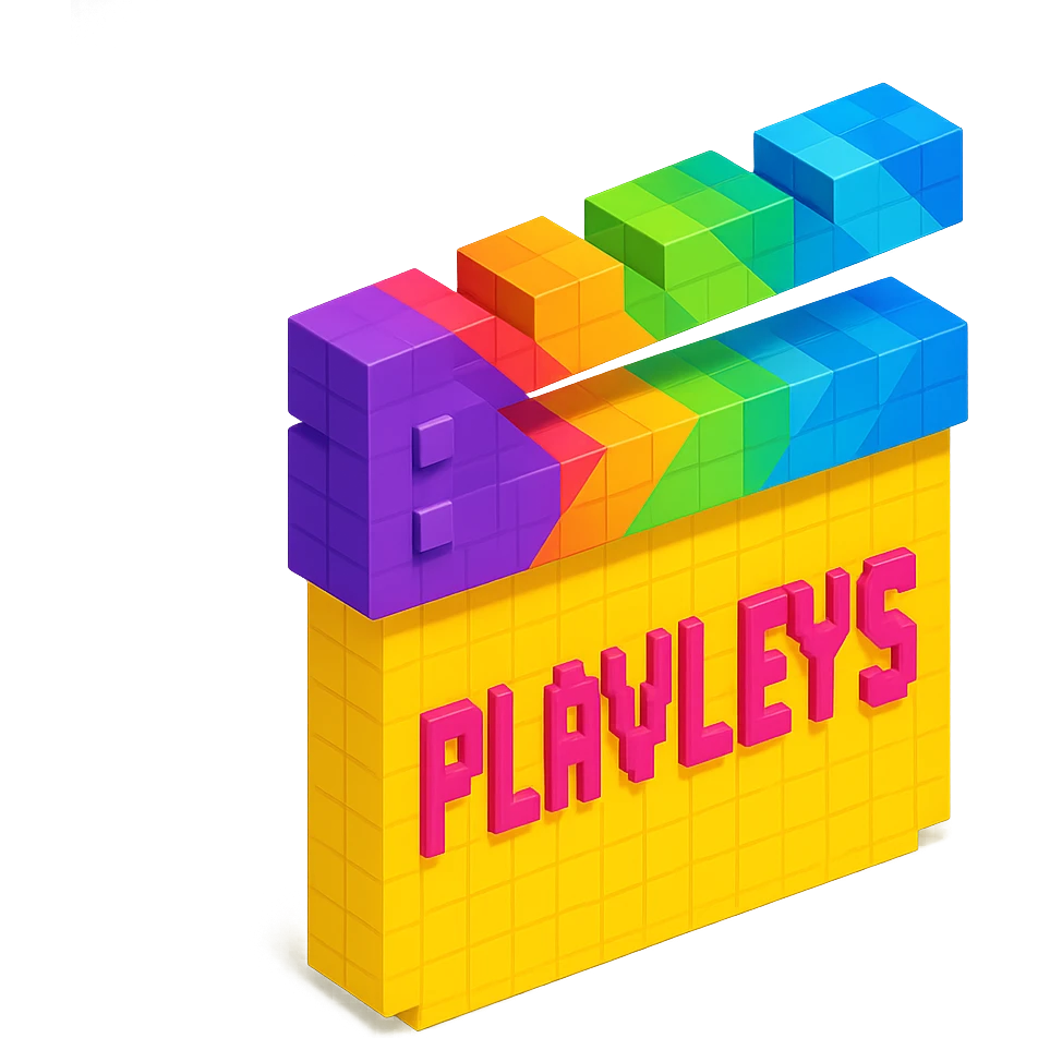 isometric view of a movie clapperboard with the text 'PLAVLEYS' written on it, voxel style emoji