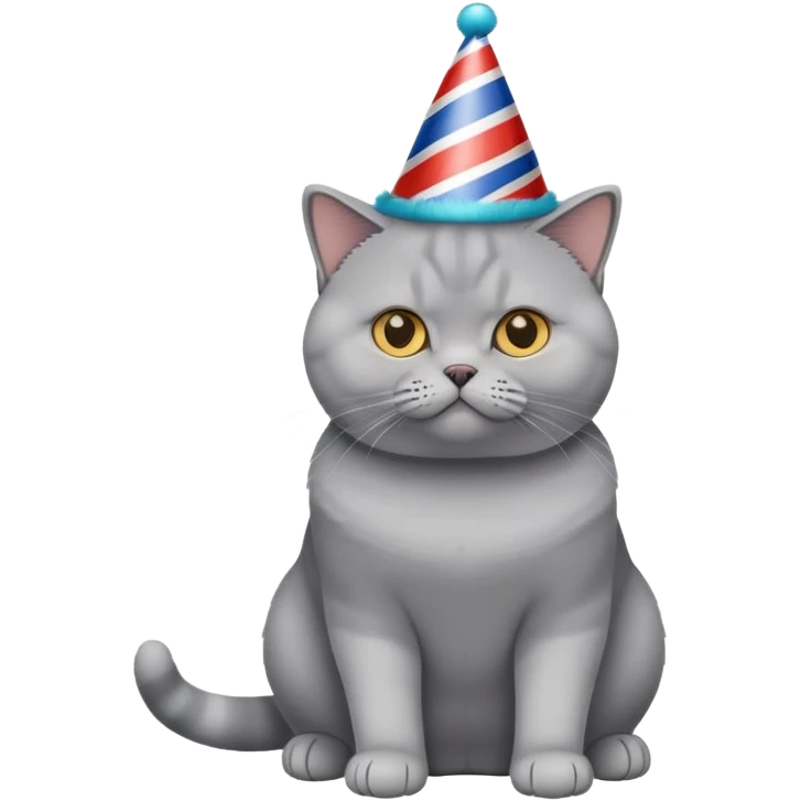 British Shorthair cat full body sitting with a party hat emoji