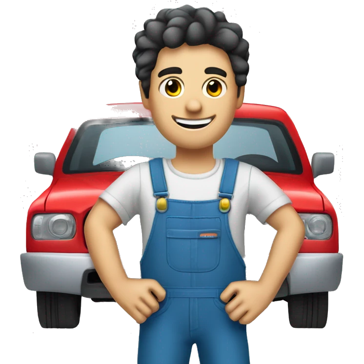 car mecanic, really happy, dark eyes, dark hair and pale skin, holding a screwdriver on hand. For clothes wearing blue overalls emoji