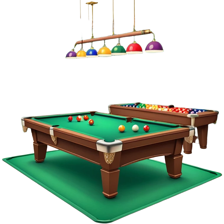 A well-arranged pool table with colorful billiard balls neatly placed, and a cue stick poised to take a shot. The setting is a dimly lit room with a focused atmosphere, highlighting the precision and strategy involved in the game of billiards. emoji