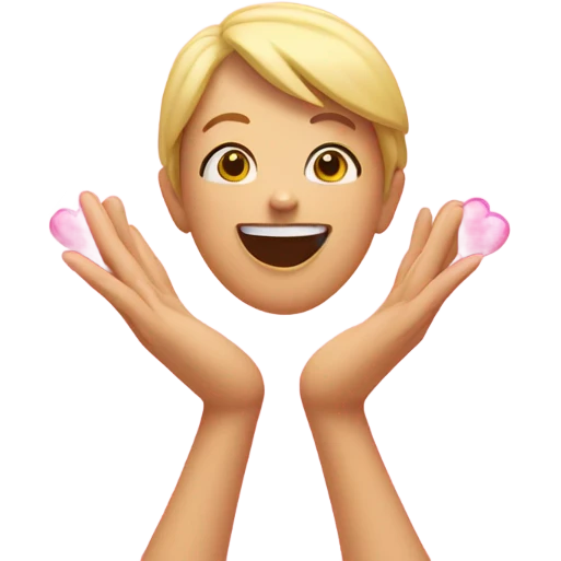 happy face, making a heart with their hands, ￼ surrounded by pink hearts, ￼￼ emoji