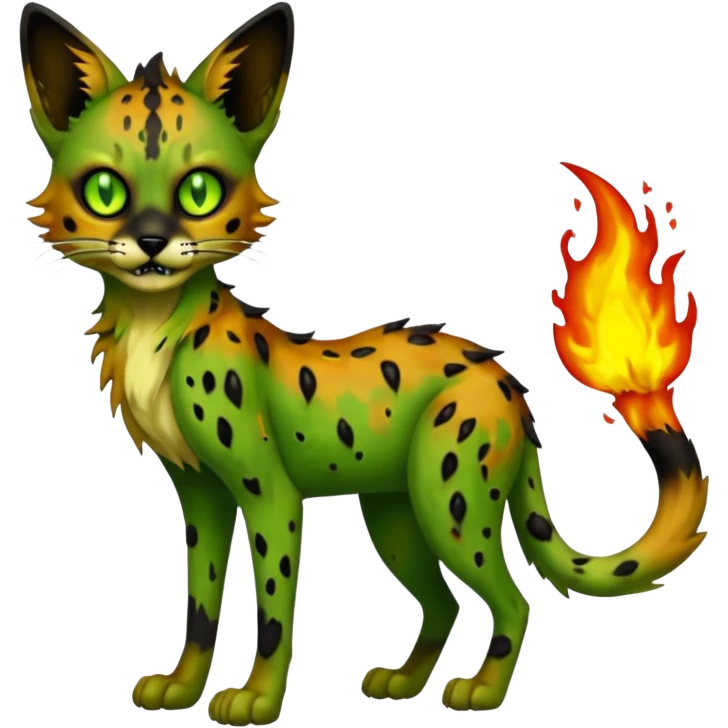 Eldritch green-fiery green-flamey Dark-deep-blackish-Greenish Zombie-serval, full body emoji