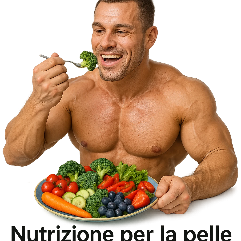 bodybuilder eating fruits and vegetables to prevent wrinkles, hyper realistic style, well visible muscles, colorful plate, text 'Nutrizione per la pelle', positive atmosphere, white background emoji