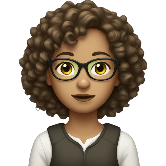 a girl with brown curly hair and greenish eyes that wears white glasses  emoji