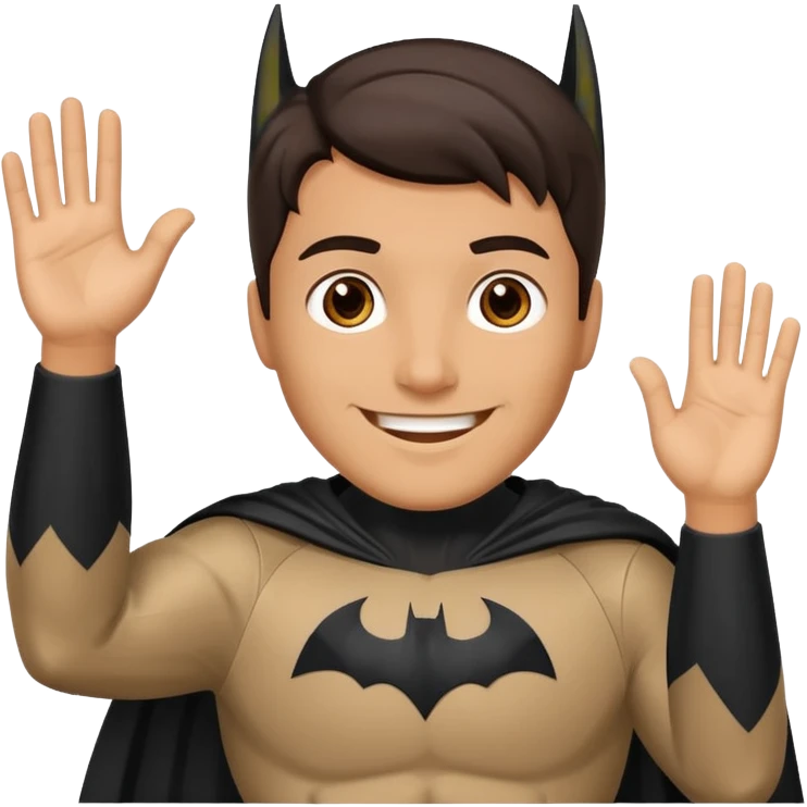 Make a man with brown eyes and dark hair in a Batman costume waving "hello" emoji