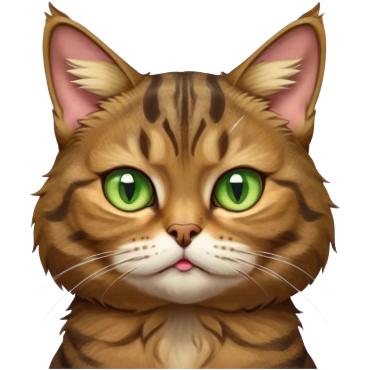 Cinematic Meme-Worthy Grumpy Brown Tabby Cat Portrait Emoji, Head held high but eyes filled with dramatic disappointment, fluffy brown fur with striking tabby markings, signature M-shaped forehead furrowed into an unmistakable scowl, large ears slightly angled back in disapproval, piercing golden-green eyes glaring with pure exasperation, Simplified yet hilariously over-exaggerated features, highly detailed, glowing with an aura of supreme annoyance, high shine, exhausted yet judgmental, stylized with an almost regal pettiness, bright but brooding, soft glowing outline, capturing the essence of a feline that has seen it all and is thoroughly unimpressed, so meme-worthy it feels like it could instantly become the next viral sensation of grumpiness! emoji