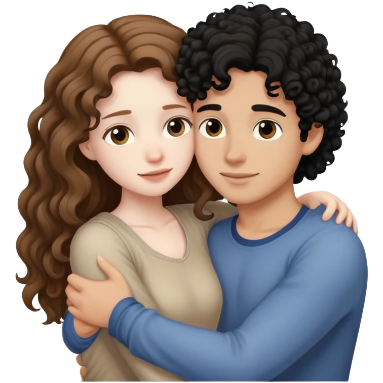 girl with long light brown hair and pale skin hugging a boy with black curly hair and tanned skin emoji