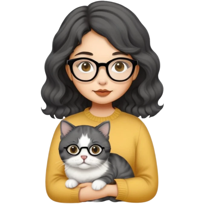 Young woman with oval face and warm yellow-toned skin, black wavy hair, thin-framed glasses, holding a grayish-white Munchkin cat with short legs and charcoal-gray marking under its mouth emoji