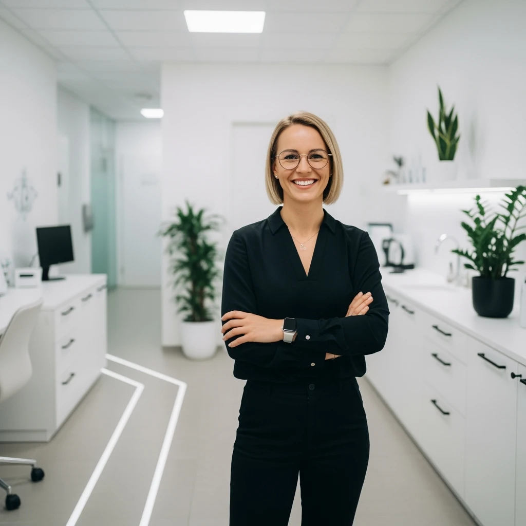 Cinematic still of a smiling european white woman with glasses smiling, minimalistic ophthalmologist interior in background, leading  lines, "rule of thirds" emoji
