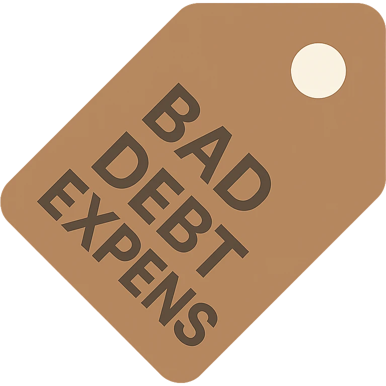 brown price tag icon with 'bad debt expense' in bold clear lettering emoji