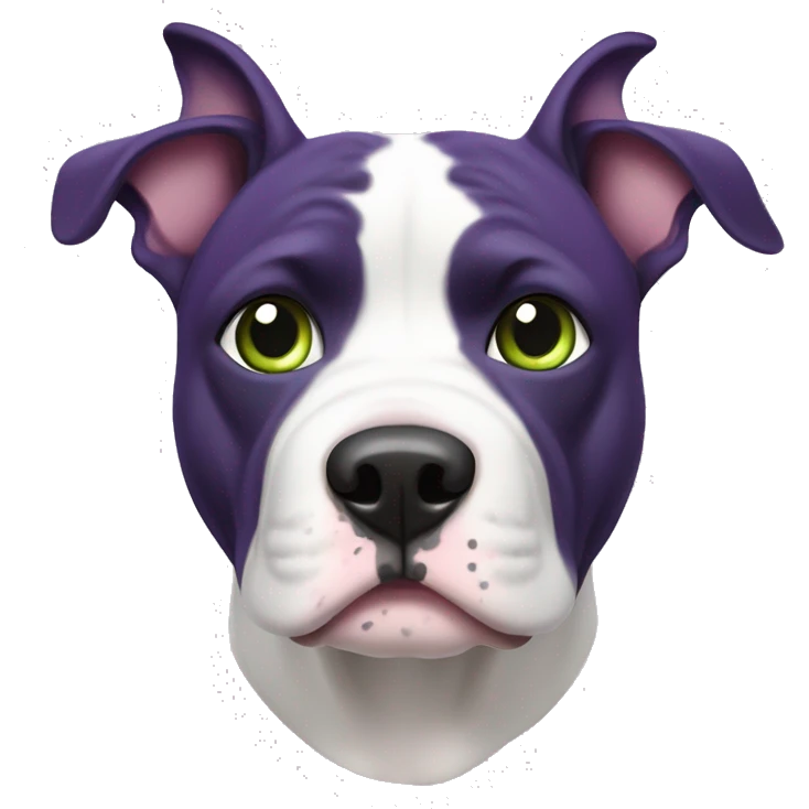 The American bullie is purple in hue with ears, a white spot on the muzzle and green eyes emoji
