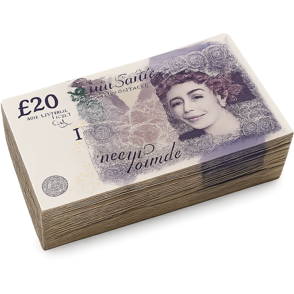 a stack of British pound banknotes viewed from the top, showing the bills' details and colors emoji