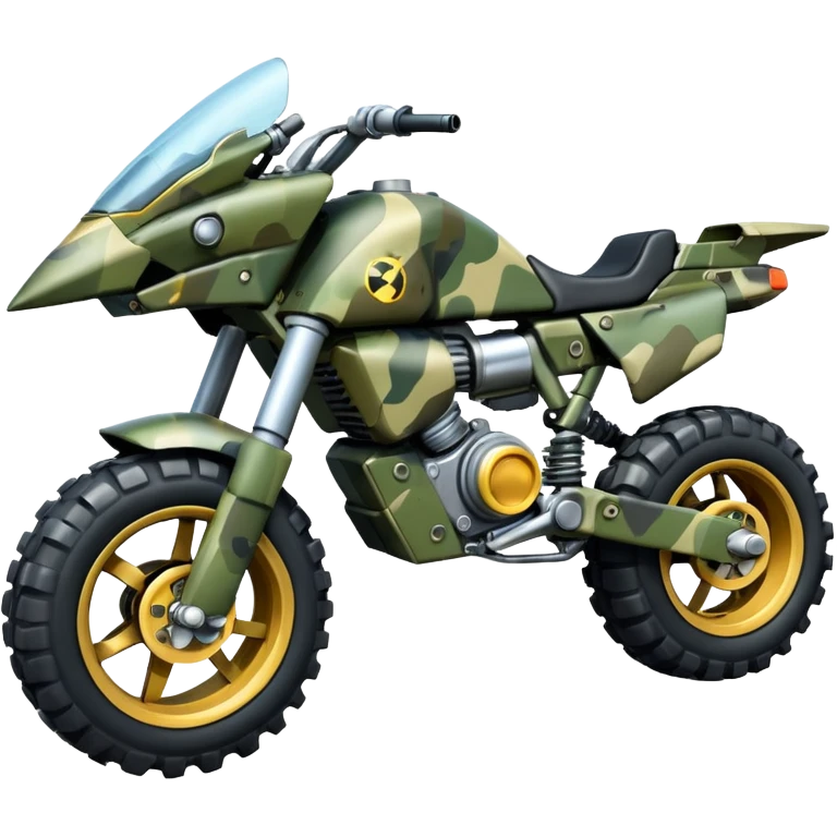 a 4-wheel camouflage army massive mech motorcycle shooting forward side-hill active suspension enemy mech off-road racing motorcycle  emoji