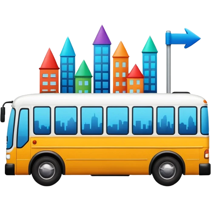 bus from the side with three colorful directional arrows pointing to city icons, Apple emoji style, vibrant colors emoji