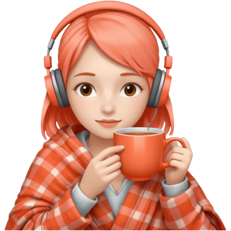 Девушка в пледе кораллового цвета пьет чай и на ней наушники emoji