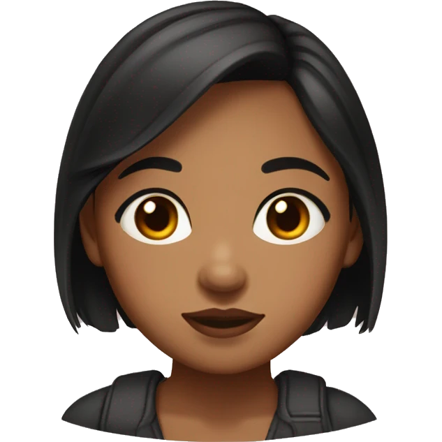 Brown skin girl teen, black hair colour, brown eyes, round face shape, sharp nose, lips are small, chubby character, cute face emoji