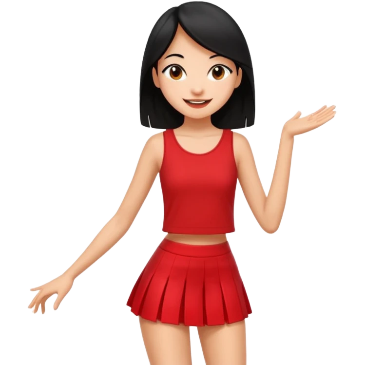Chicas esbelta con falda corta negra y top rojo,pelo semi largo negro y lacio  super feliz,pero bailando emoji