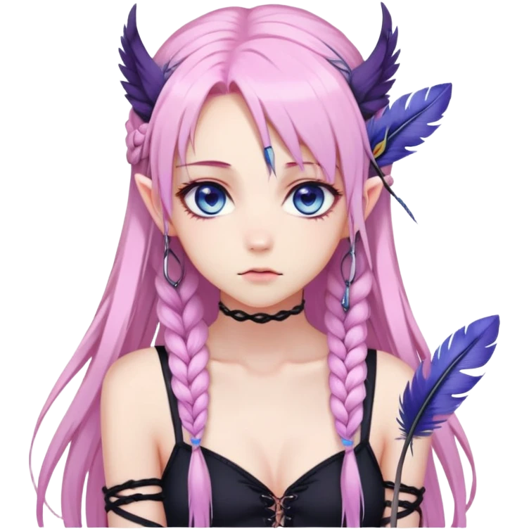 Gorgeous beautiful pretty grumpy anime lady long-pale-pastel-pink-hair with one braid on each side, hanging purple-pink feather-ear-cuffs in hair, black bodysuit, blue eyes, pink iris, ethereal, fashion aesthetic  emoji