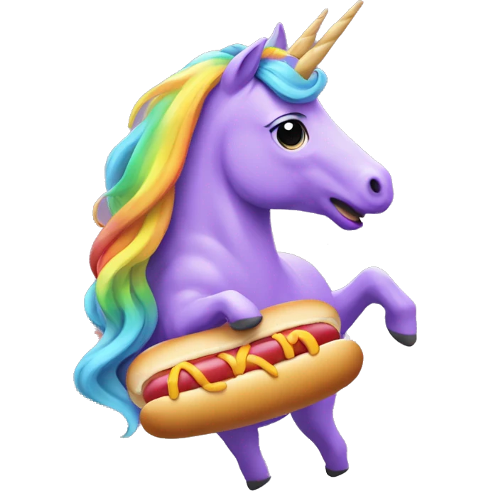 Purple unicorn with long blond hair on rainbow eating a hot dog emoji