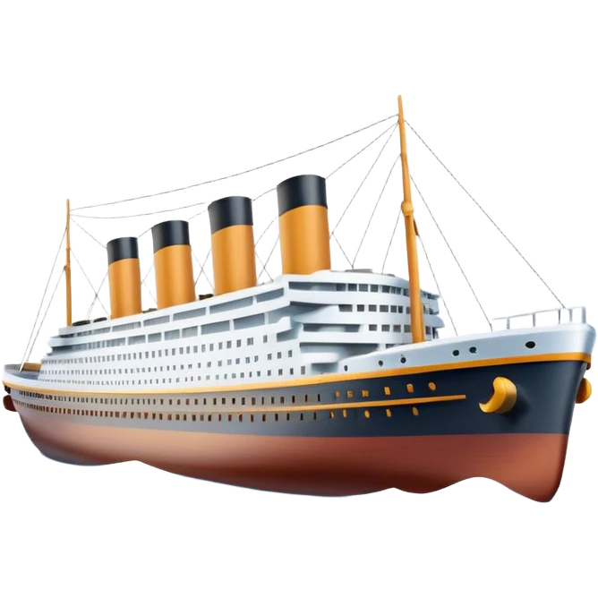 A 3D emoji of a Titanic ship in Apple style, glossy and smooth surface, bright clean colors with subtle shading, simple and minimal details, no face or expressions, floating on calm ocean, soft shadows, high-quality render, isolated on white background.


 emoji