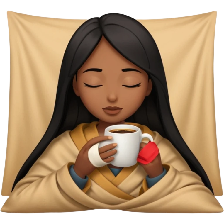 Chocolate brown girl with long straight jet black hair wrapped inside a tan blanket sipping coffee eyes closed emoji
