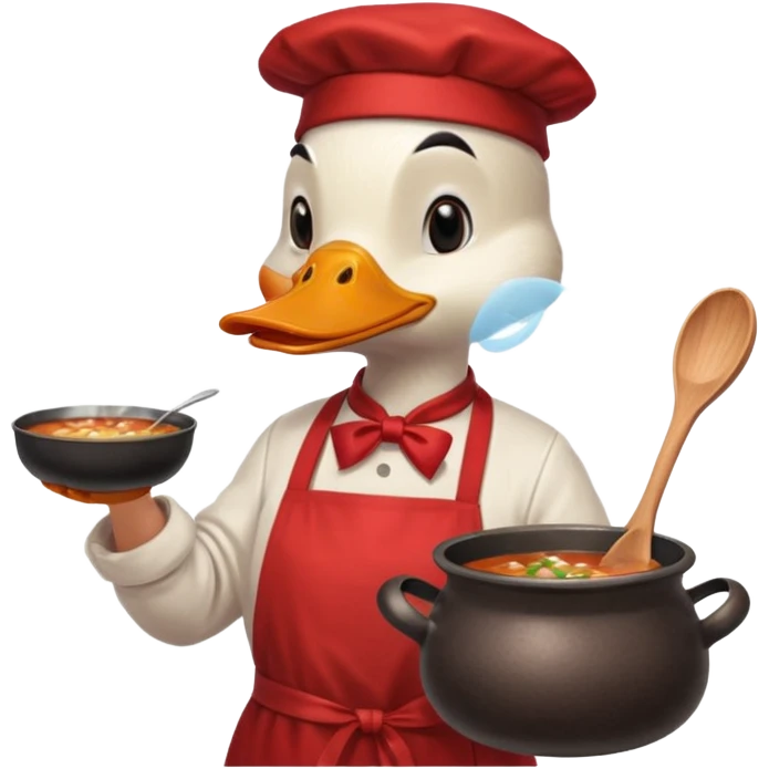 A duck wearing red apron stirring soup in a small pot, looking very focused. emoji
