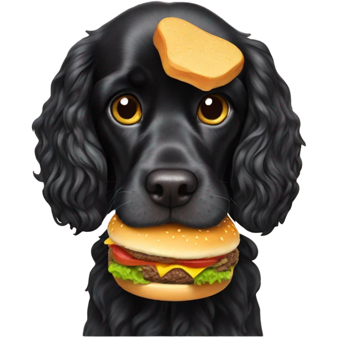Black cocker spaniel eating a cheeseburger emoji