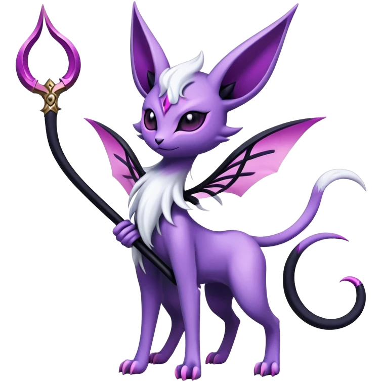 Shiny Exotic Badass Mystical Mysterious Gothic Espeon-Absol-Pokémon-Fakémon-hybrid-creature (full body) with a scythe-shaped-tail emoji