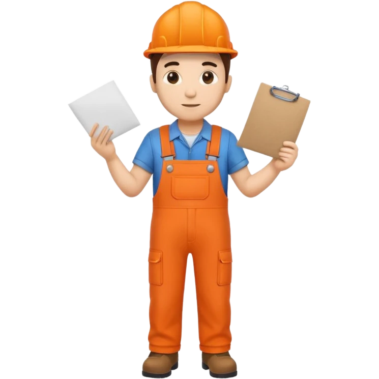 railway engineer full body in orange overalls, carrying a piece of paper with both hands in front of him emoji