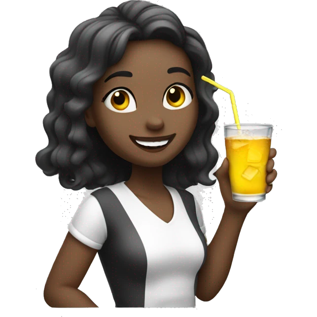 Black and white girl waving hi while drinking a drink and winking emoji