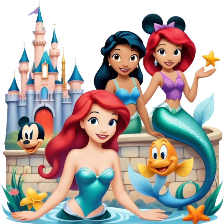 A vibrant collage featuring iconic characters like one Goofy, one Mickey Mouse, one Ariel the Little Mermaid, one Jasmine and one Franco. Each character should be large and bright, set against a cheerful and playful background with Disneyland. Transparent background. emoji