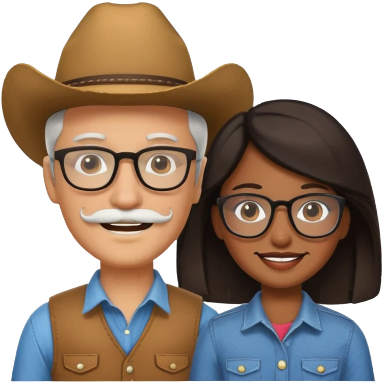 White brown cow boy with glasses and mustache with black girl emoji