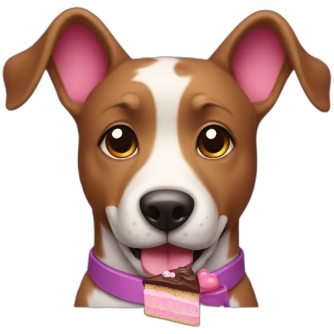 a purple dog with a brown nose and a pink collar with a bone eat cake emoji