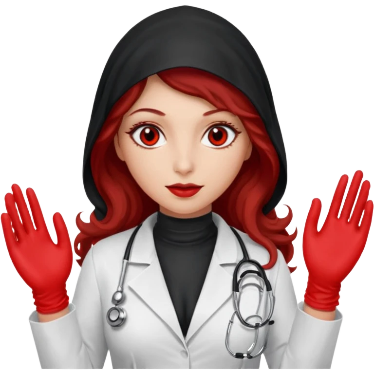 Lilith scalpel in hand, evil surgeon sexy surgeon clothes.  She has red eyes. She brown long curly hair. Wears sexy doctor outfit with red gloves. Wears red burka to hide her identity emoji
