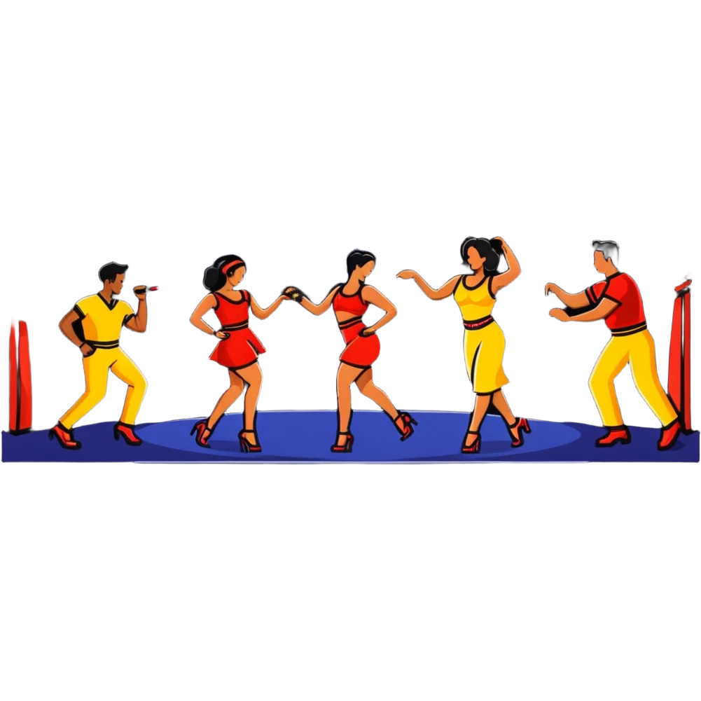 Colombian salsa night club with dancers, live band, and festive lights emoji