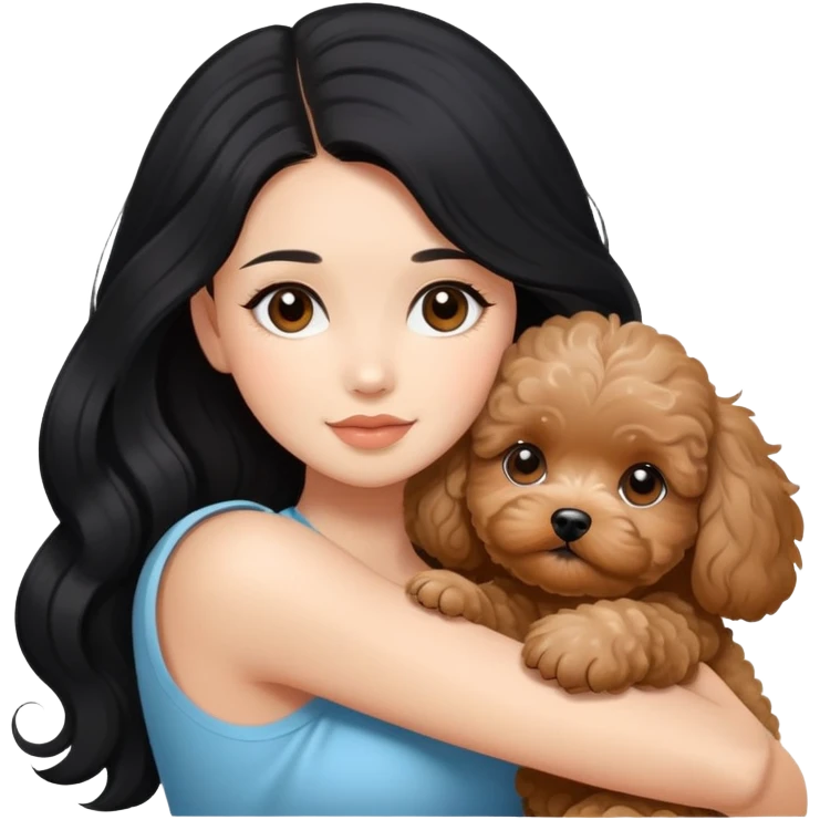 beautiful women with long black hair hugs cute brown maltipoo  emoji