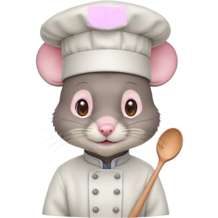 dark gray mouse with large round ears, brown eyes, and a small pink nose, wearing a white chef’s hat emoji