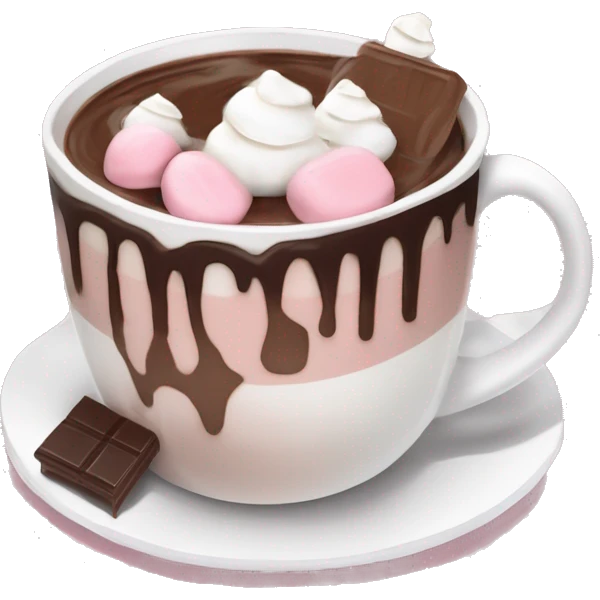 hot chocolate with mug and whip cream and chocolate drizzle and pale pink strawberry and marshmellows emoji