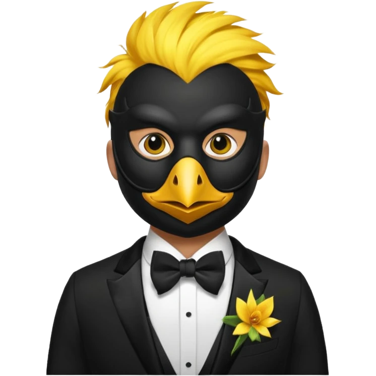 A man facing forward wearing a tuxedo with a mask depicting a yellow canary. emoji