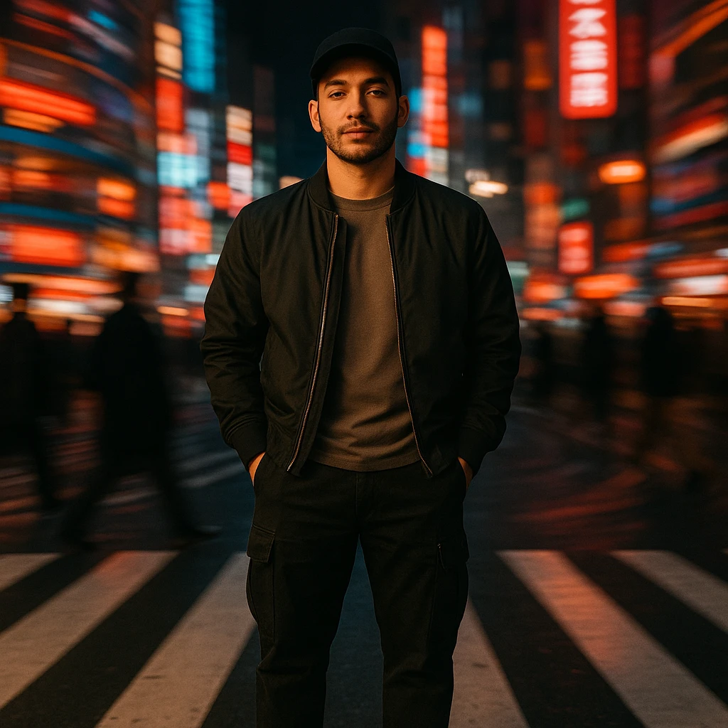 Create a cinematic photo of a Southeast Asian man in his early 30s with medium tan (sawo matang) skin tone and a clean, sharp appearance, standing in the middle of a zebra crosswalk at night in a bustling city like Jakarta or Tokyo. He has a calm, confident expression, eyes slightly squinted, looking forward. He wears a dark bomber jacket over a neutral T-shirt, relaxed-fit cargo pants, clean sneakers, and a black baseball cap forward. Both hands are in his pockets, posture relaxed but solid. The background is a swirl of motion: neon signs, light trails, silhouettes of moving pedestrians, all spinning outward in a spiral blur. Bold, cinematic lighting: soft flash or fill light on his face, background with deep shadows and glowing red, blue, and orange lights. Rich, saturated, slightly warm color palette, 35mm film or high-end fashion editorial look. Urban, edgy, nightlife intensity. Use the reference image for facial structure and vibe. emoji