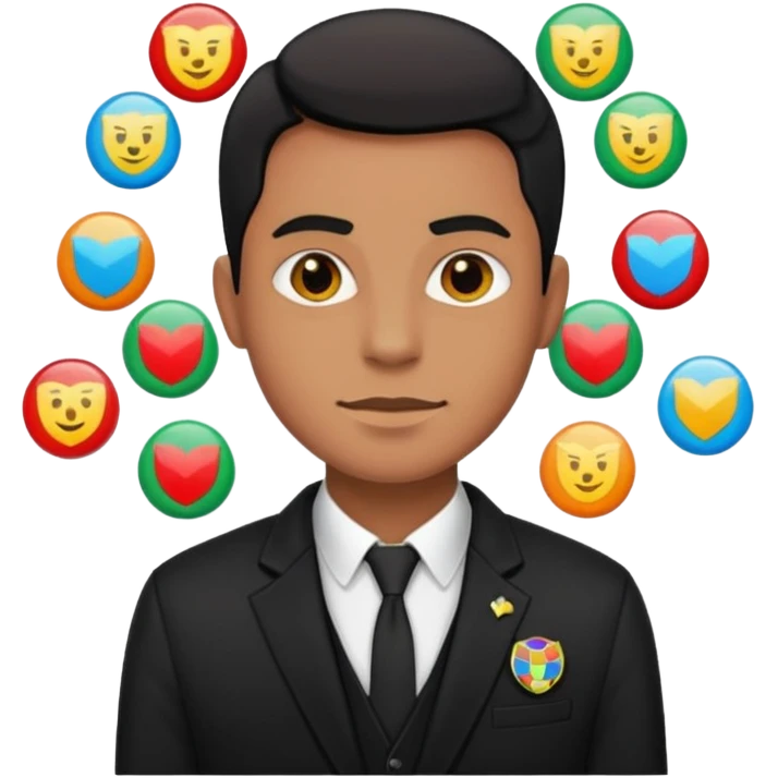 A MAN WEARING A BLACK BALZER AND HE HAVE SOME BADGES ON HIS BLAZER emoji