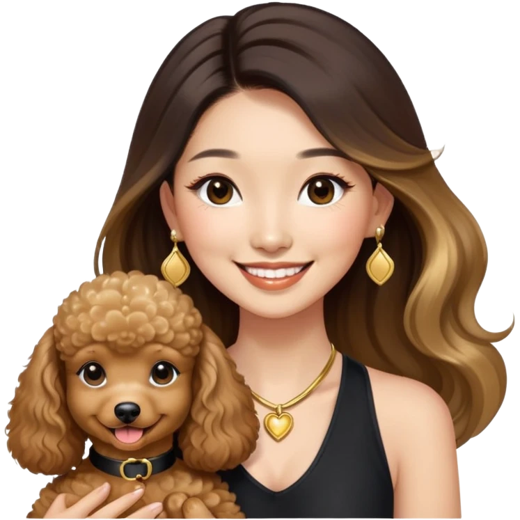 an asian lady with long balayage hair with gold highlights, long lashes, wearing black halterneck top, smiling happily, and holding a brown poodle emoji
