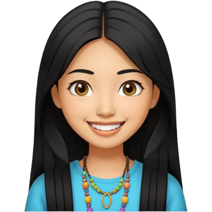 30 yr old asian woman hair trendy clothes center part big eyes big smile tanned skin straight black hair hippie part hair  emoji