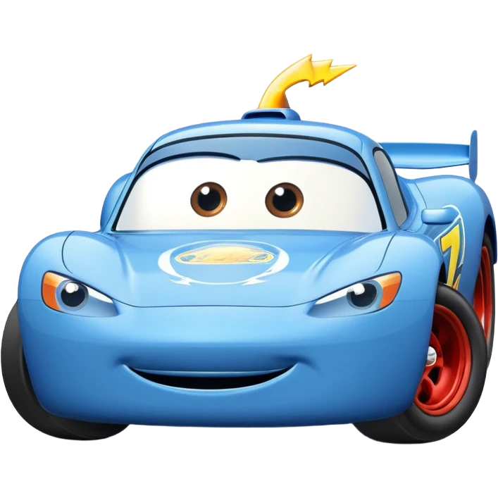 blue cartoon race car with big eyes, inspired by Lightning McQueen emoji