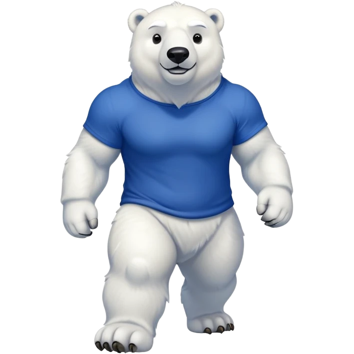 muscular friendly anthropomorphised polar bear walking confidently, wearing a royal blue t-shirt, proud expression emoji