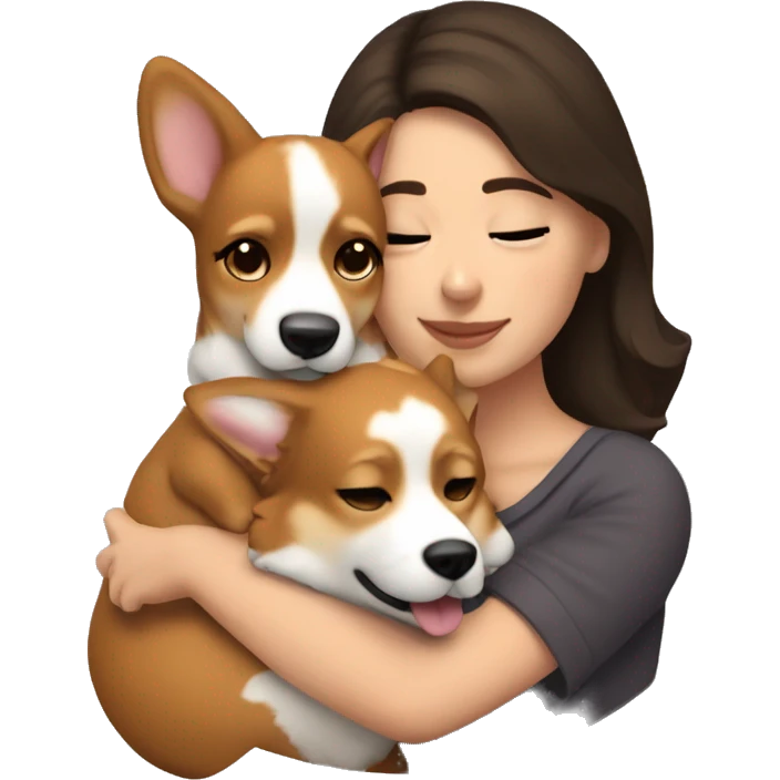 Brunette girl cuddling corgi emoji