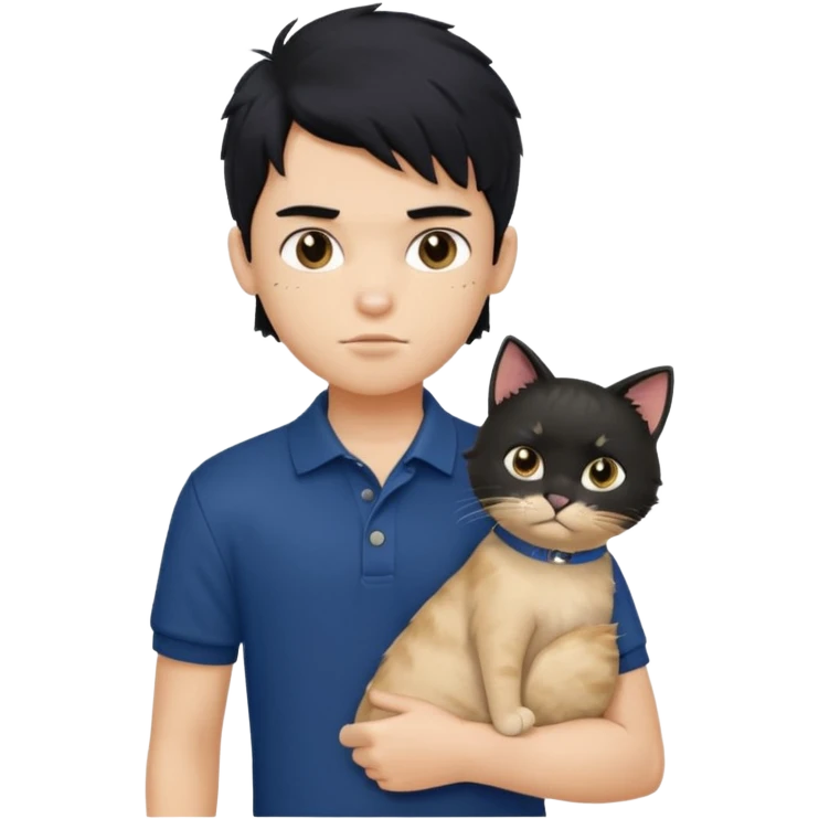 generate a pretty fair bratz boy with a messy mullet (black hair), wearing a dark blue polo.  holding a beige cat emoji