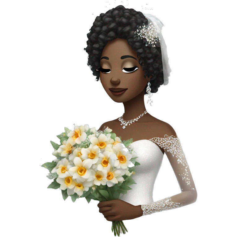 African bride. Glitter makeup. Long black curly hair. Silver jewelry. Holding flowers. Eyes closed. emoji