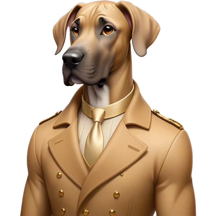 Cinematic Noble Fawn Great Dane Portrait Emoji, Poised and regal, with a towering, muscular build and a sleek, well-groomed solid fawn coat accented by subtle dark markings, deep-set soulful amber eyes, Simplified yet sharp and sophisticated features, highly detailed, glowing with a soft, dignified glow, high shine, intelligent and gentle, stylized with an air of majesty, focused and attentive, soft glowing outline, capturing the essence of a watchful and confident guardian, so majestic it feels as though it could stride out of the screen with effortless authority! emoji